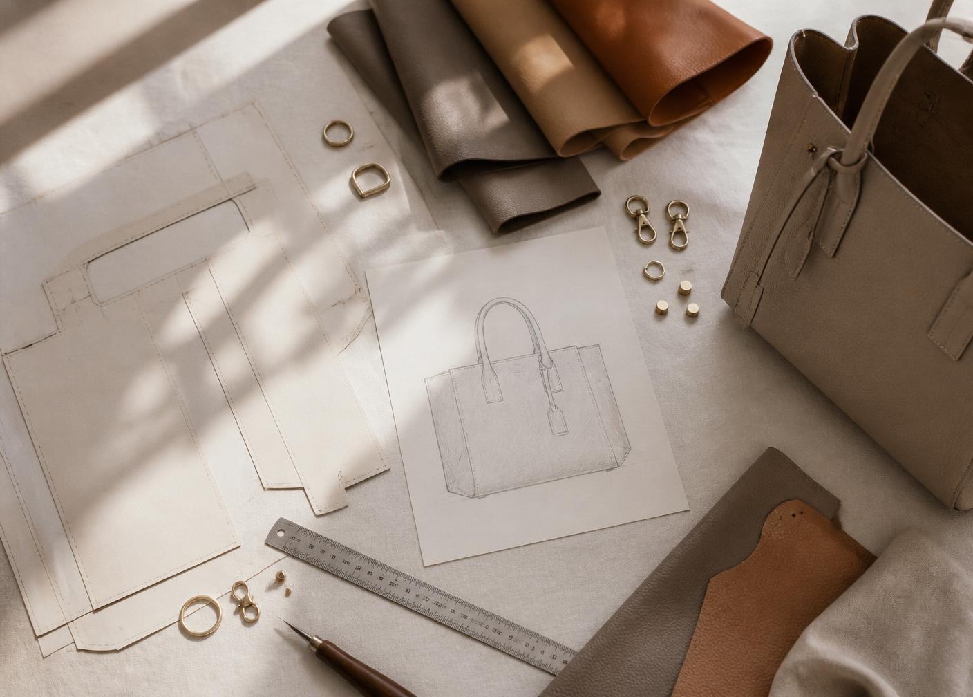 A handbag design table in warm daylight: paper patterns, a tote sketch, microfiber swatches, brass hardware and a prototype tote